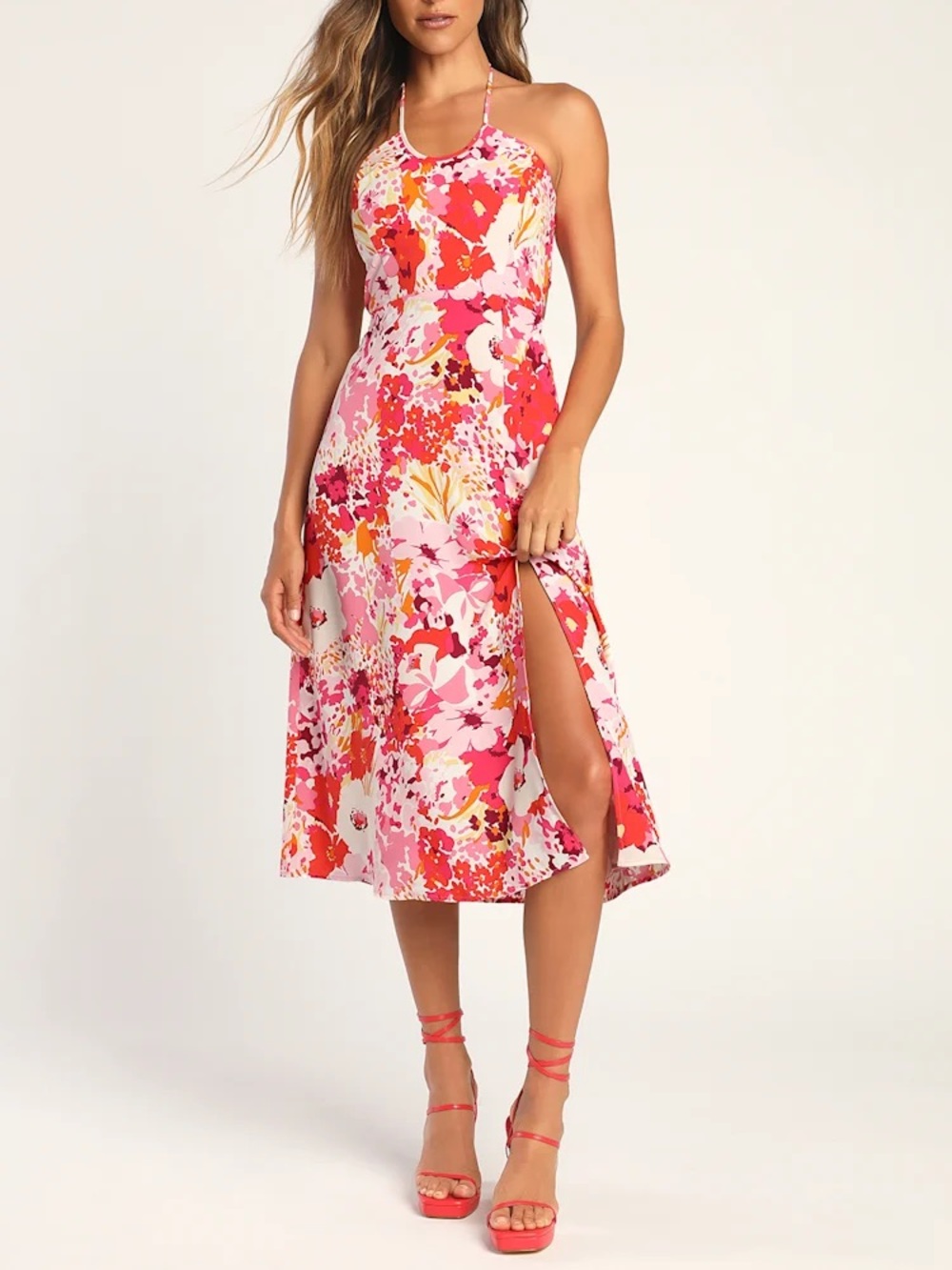 Floral Halter Midi Dress in Pink and Red